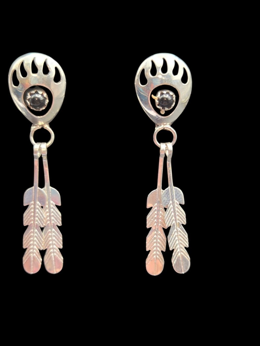 Sterling Silver Bear Paw Onyx Feather Dangle Earrings